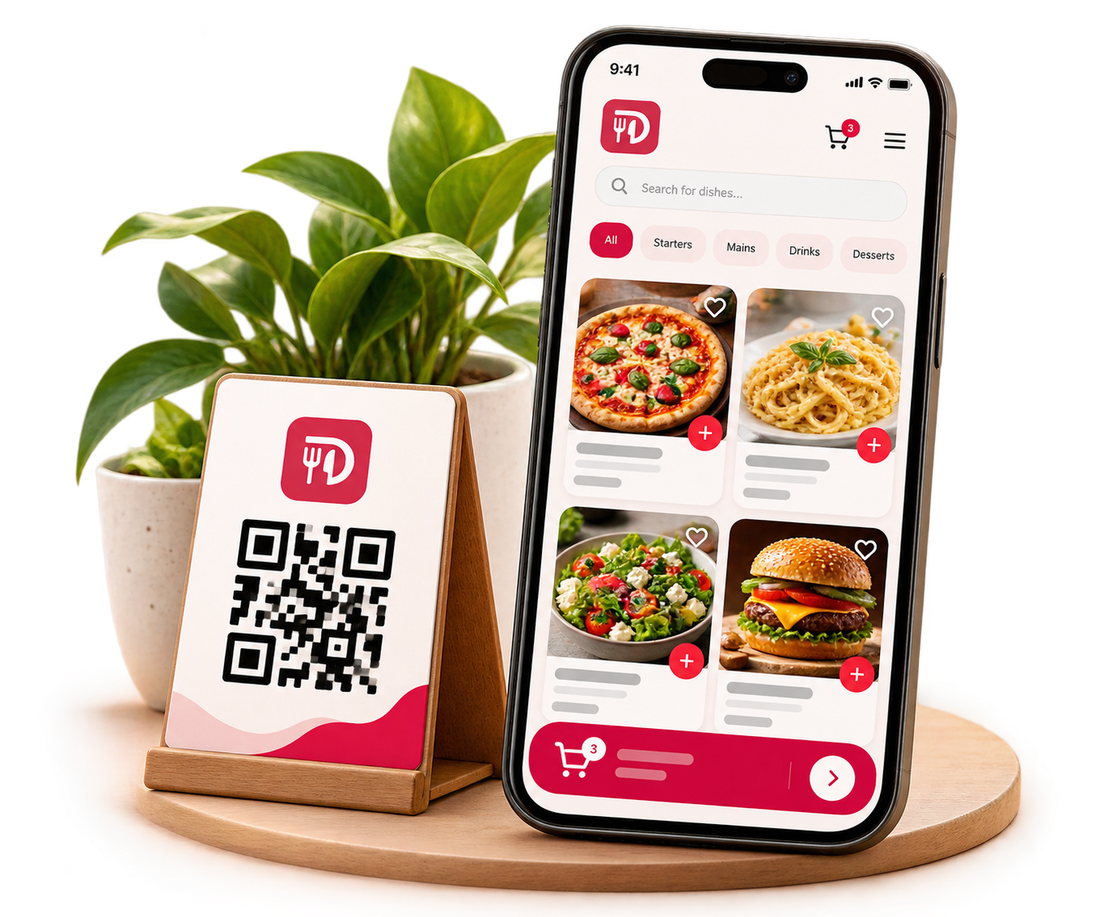 Dineator digital menu on a phone with a table QR code