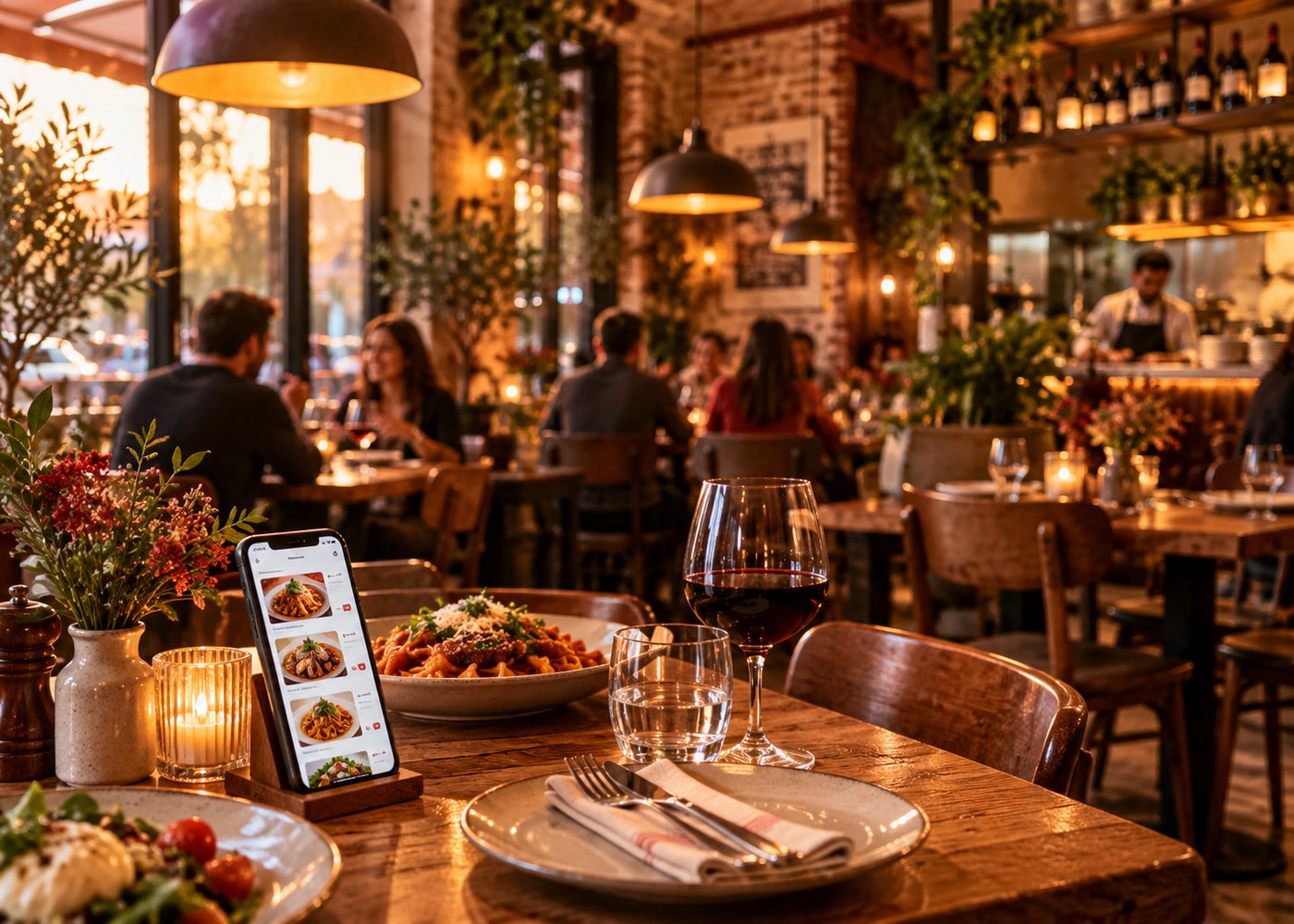 A warm, busy restaurant dining room